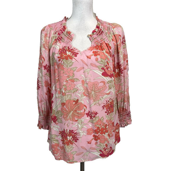 Talbots Blouse size Extra Small Pink Coral Floral Smocked Peasant Boho Wedding - Picture 1 of 8